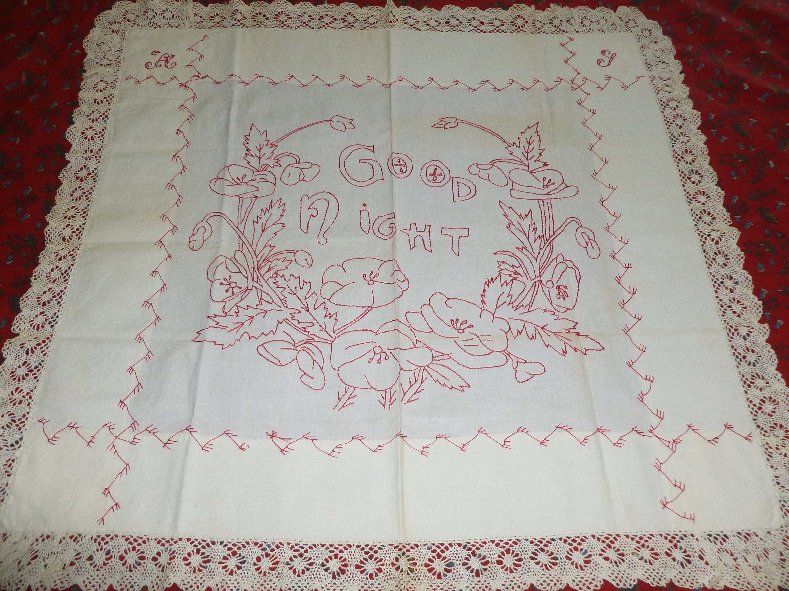 Pair Antique Victorian Layover Shams Red Work Hand Embroidery