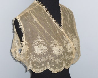Antique Belgian Point de Gaze Lace Collar-Vest- Jacket Handmade Bobbin Lace in Ivory Color Antique Lace Collar-Dress Front Handmade Lace
