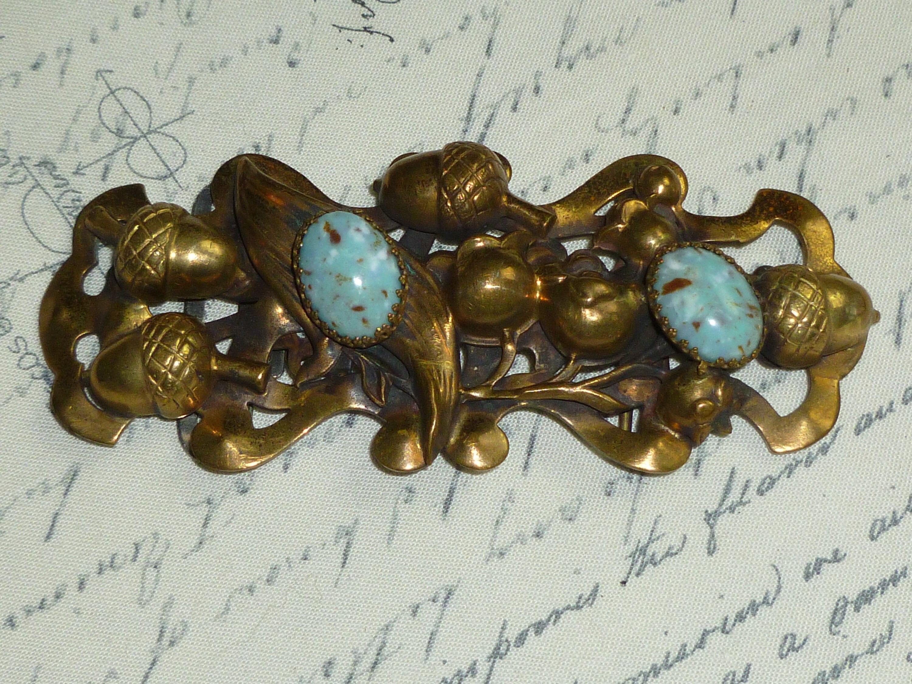 Victorian Sash Buckle Basketweave Art Nouveau hinged Turquoise glass Cabochon Large Art Nouveau Turquoise Belt Sash Buckle, Victorian Era  main image 4
