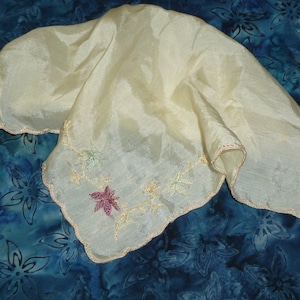 Antique Royal Society Silk Hanky /Vintage Hanky / Hand Embroidery / Handkerchief Hankie / 1800s 1900s Victorian