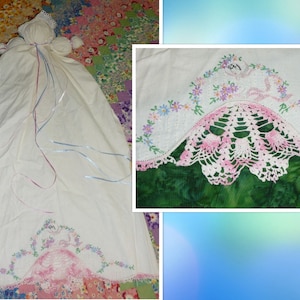 OOAK Antique Pillowcase Doll-Crinoline Girl Southern Belle Hand Embroidery Flowers Vintage Cloth Doll
