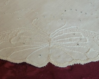 Antique Doily Hand Embroidered Butterfly white on white Vintage Doily