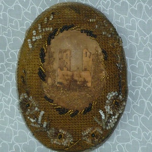 Antique Embroidered Metallic Hand Beaded Medallion-Pin Cushion-Hand Carved Midieval Castle