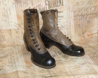 Antique Boots Victorian Edwardian Button Tu-tone Boots Black Leather Button Shoes EXCEPTIONAL