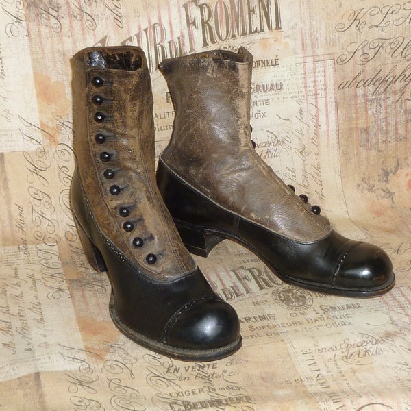Antique Boots Victorian Edwardian Button Tu-tone Boots Black Leather Button Shoes EXCEPTIONAL