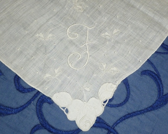 Antique Monogram F Hanky Vintage Madeira Embroidery Bridal Wedding Handkerchief Hanky Hankie