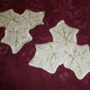 Pair Antique Society Silk Doily Victorian Hand Embroidery Leaves Leaf