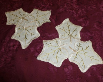 Pair Antique Society Silk Doily Victorian Hand Embroidery Leaves Leaf