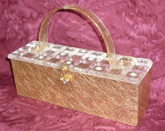 Vintage Lucite Purse 1950s Designer Clear Gold Box Purse Rhinestones w/ Carved Lid