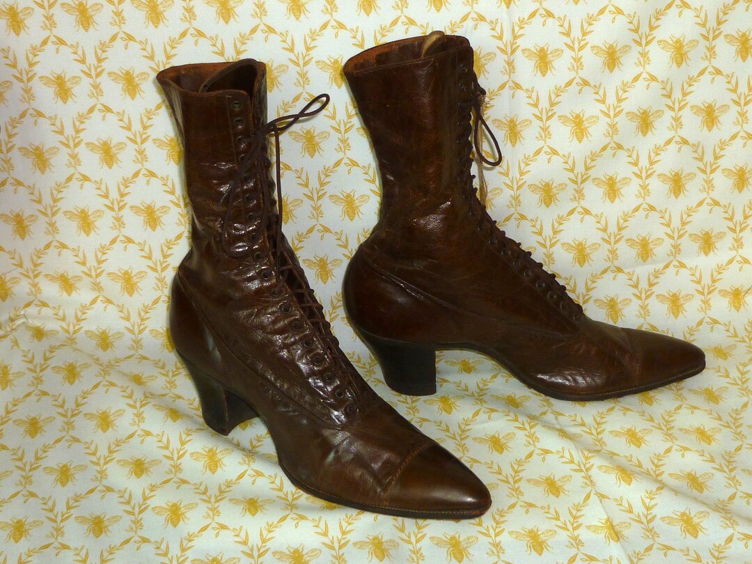 Antique Victorian Edwardian Boots Womans Brown Leather High Top Lace up ...