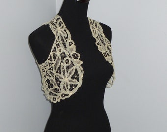Antique Silk/Cotton Battenburg Tape Lace Vest Shawl-Capelet-Victorian Lace Collar-Vintage Handmade