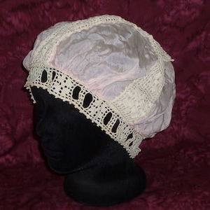 Antique Boudoir Cap Vintage Silk Lace Edwardian Flapper Hat 1910s Dust Night Cap Bonnet