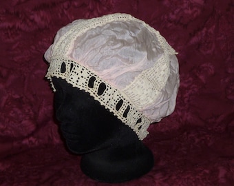 Antique Boudoir Cap Vintage Silk Lace Edwardian Flapper Hat 1910s Dust Night Cap Bonnet