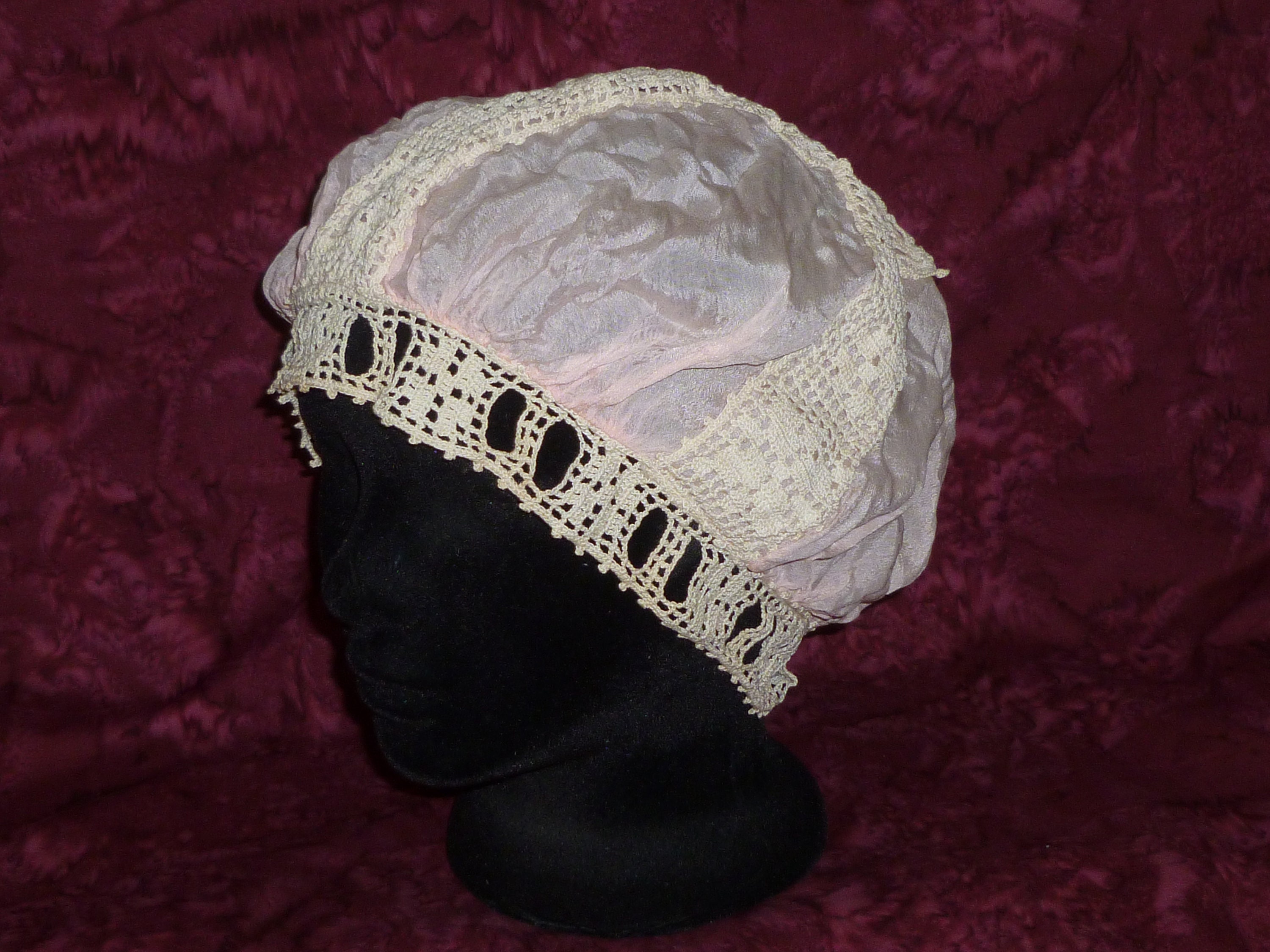 Antique Boudoir Cap Vintage Silk Lace Edwardian Flapper Hat 