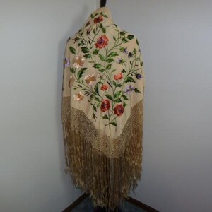 Gorgeous Antique Piano Shawl-Table Topper 1920s 1930s Cream Silk Embroidery Wedding Canton Manton De Manila-Asian Fringe