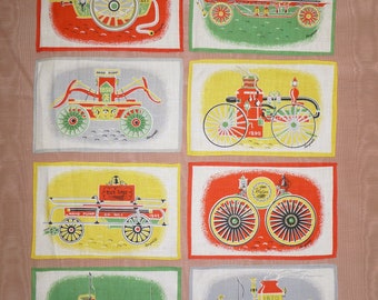 Whimsical Firetrucks Engines 8 Piece Set of Vintage Cocktail Napkins Beverage Coasters Mid Century