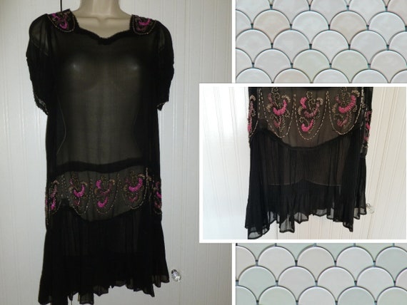 Antique 1920s Flapper Dress French Gatsby Black S… - image 1
