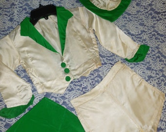 Darling Antique Young Girls-4 piece Short Set-Vintage Green White Satin-hat-scarf Jacket Shorts