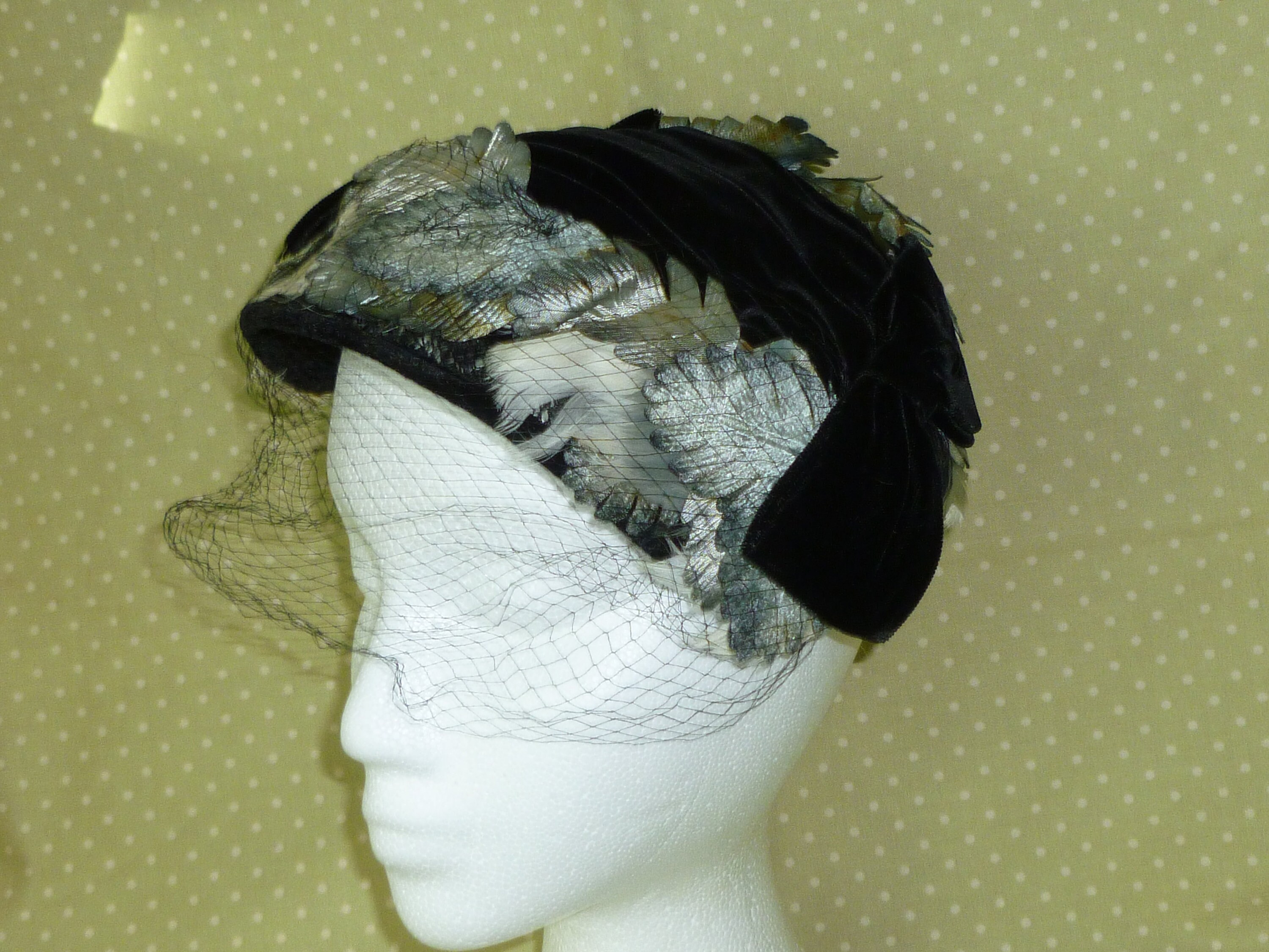 Vintage Black Velvet Hat with Veil and Feather 1950s Black Velvet Close Hat | Striking Quill Feather main image 4