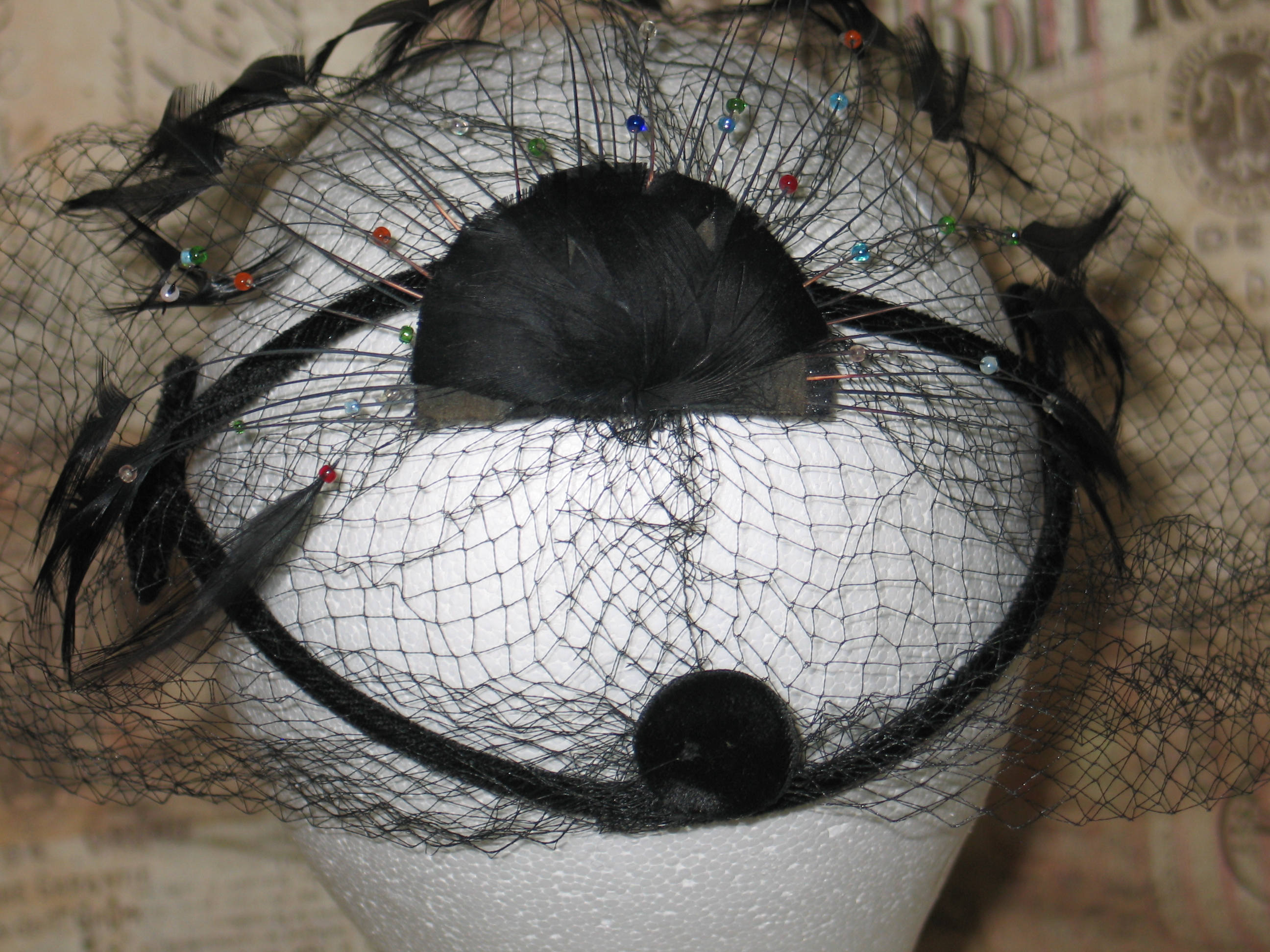 1960s Black Veiled Hat - Sheer Net Cage Veil With Hand  display picture 2