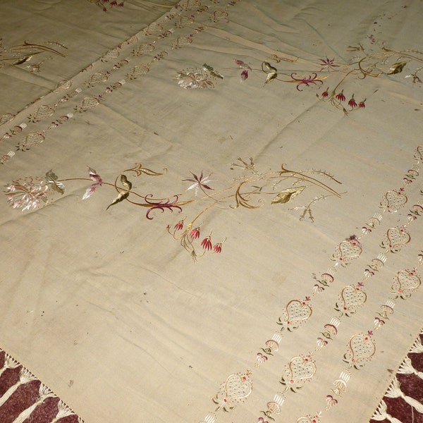 Antique Silk Victorian Piano Scarf Shawl c1800s Tablecloth Society Silk Hand Embroidery 68" x 68"