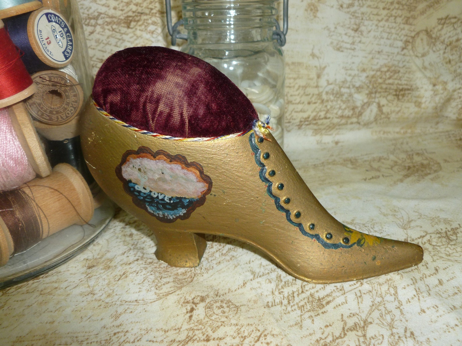 Vintage pin cushion Victorian Shoe carved wood souvenir pin Etsy