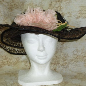 Antique 1900s Edwardian Hat Vintage Flowers Woven Straw Chapeaux Chic