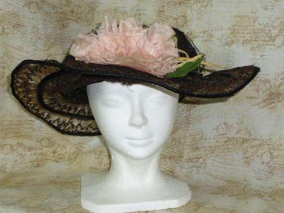 Antique 1900s Edwardian Hat Vintage Flowers Woven… - image 1
