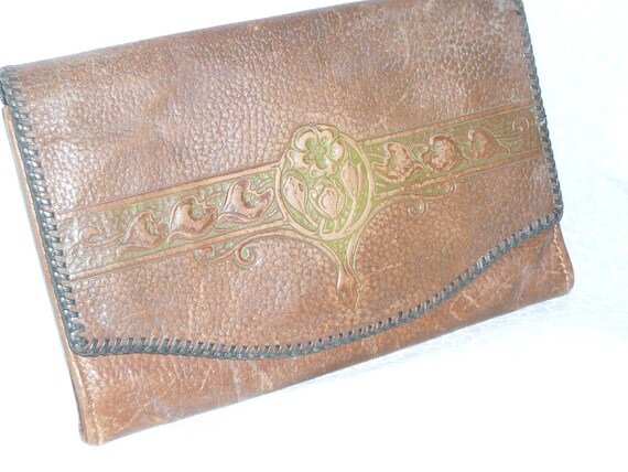 Antique Art Nouveau Envelope Purse Tooled Leather… - image 5