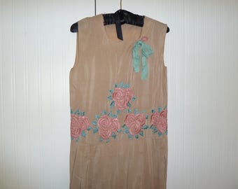 Antique Silk Flapper Dress 1920s 1930s Hand Embroidery Period Costume Vintage