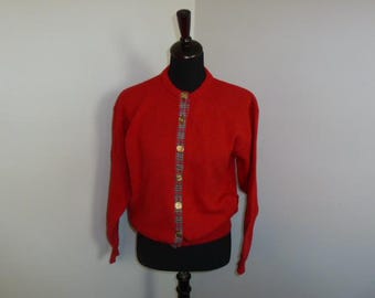 Vintage Pitlochry Cardigan Sweater Scotland Red Lambswool Gold Crest Button Tartan Plaid Trim Size M