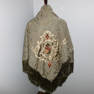 Antique Piano Shawl Wrap 1920 1930s Art Deco Canton Green Damask Velvet Embroidered Piano Shawl Scarf 88"x 57"