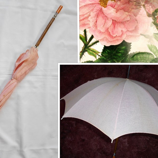 Antique Parasol Walking Stick Bakelite? Handle Umbrella Pink Gingham