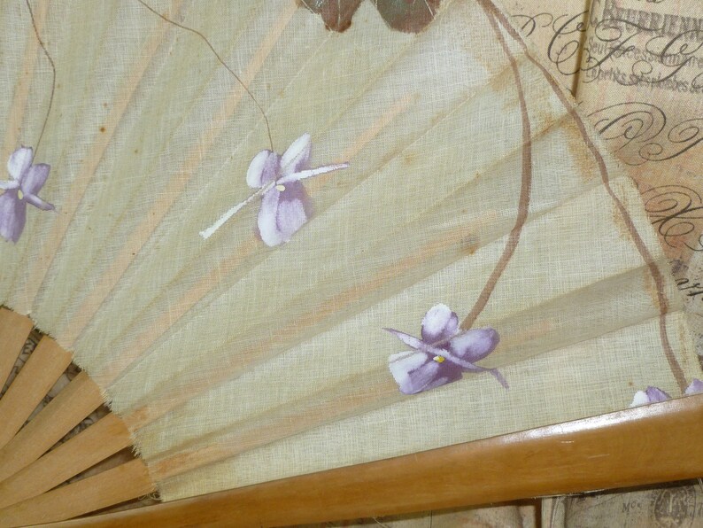 Antique Vintage Hand Painted Fan-cotton Linen- Flowers Folding Fan ...