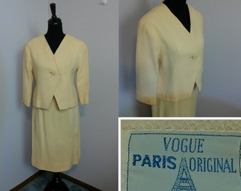 Vintage Vogue Paris Original Damkostym Ljusgul Kjol Kavaj/Kavaj