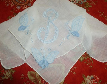 Antique Monogram B Hanky Vintage Madeira Embroidery Butterfly Bridal Wedding Handkerchief Hanky Hankie