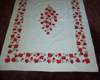 Vintage Tablecloth 1950s Mid Century Wilendur? American Beauty Rose Red Roses Retro