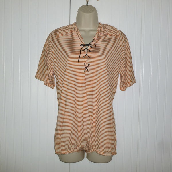 Vintage Blouse 1960s 1970s Stretch Knit Body Suit Orange White Stripe Mod Leather Tie