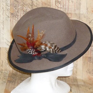 May include: A brown felt fedora hat with a black ribbon and a feather accent. The feather is a mix of brown, orange, and red.