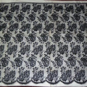 HTF-NOS-Antique Vintage FRENCH Alencon Lace Fabric Flowers Black Lace 63&quot;x33&quot;