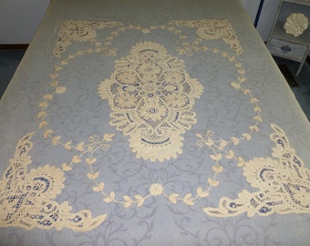 Antique Mixed Lace Bedspread Coverlet Jacobean Flowers Embroidered Tape Lace