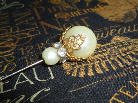 Lot Antique hat pins blown glass cabochan pearl ribbon celluloid Czech Hat Flash Pin: Red Beige Glass Art Deco (antique  main image 4