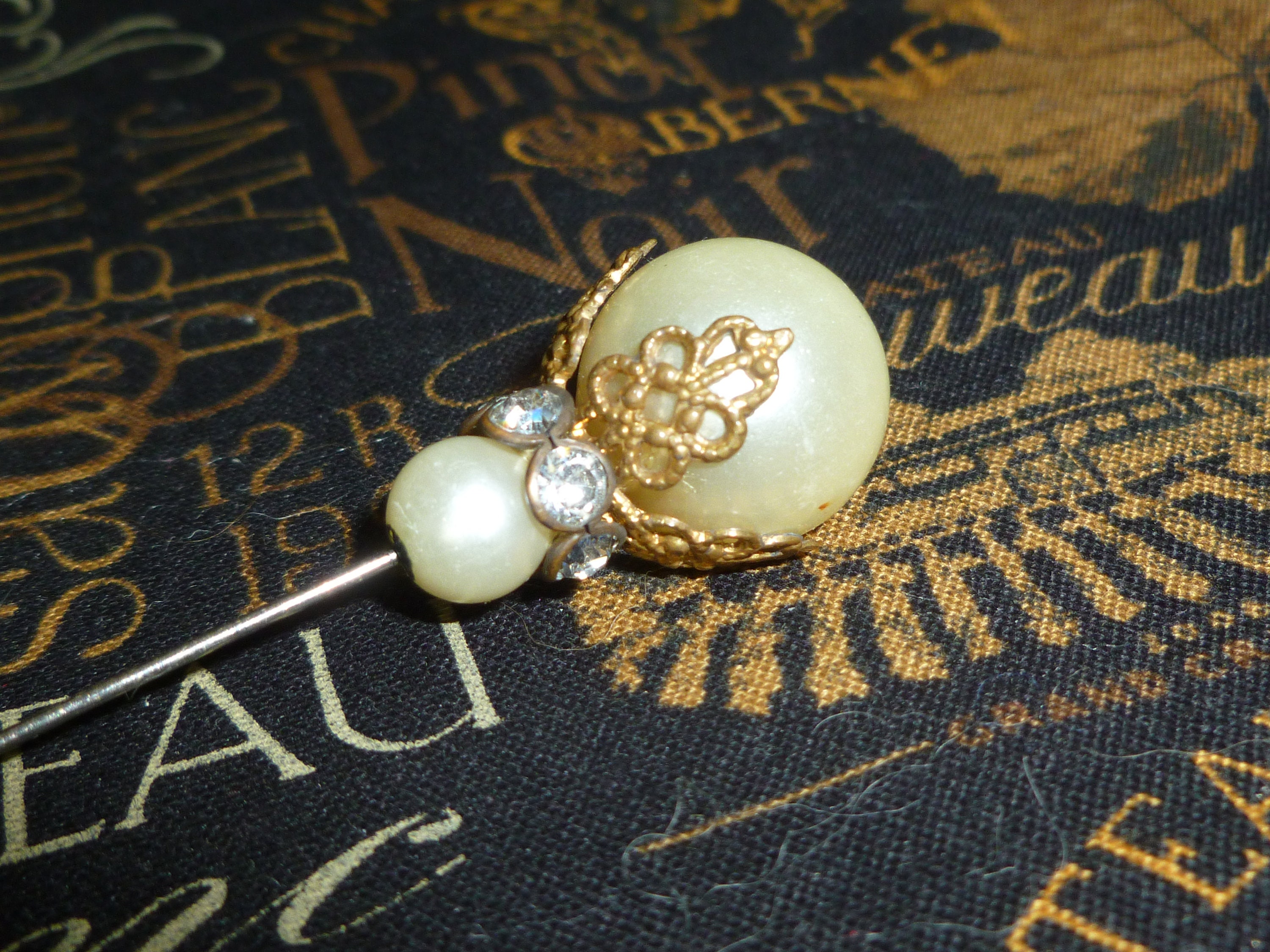 Antique HAT PIN Victorian Rhinestone Faux Pearl Hatpin 