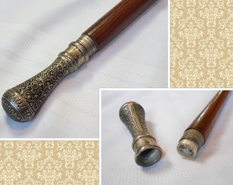 Antique Walking Stick Gadget Cane Edwardian Presentation Silver or Pewter Top Hand Carved Wood 38" cigarette or cigar lighter