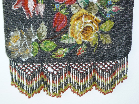 Large Antique Micro Beaded Purse c1912 Rose Flora… - image 4