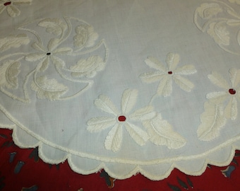 Antique Hand Embroidered Floral Flower white on white Vintage Doily