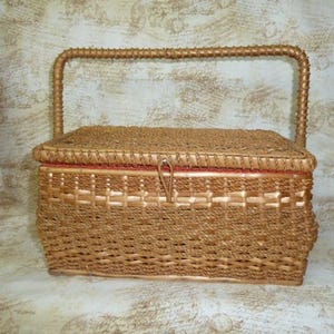 Sweet Vintage Woven Wicker Sewing Basket Satin lined sewing box-Original