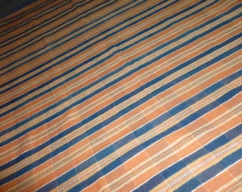 Antique Cotton Blanket Rug Hand Woven Blue Terra Cotta White Sytripe Vintage lodge cottage decor