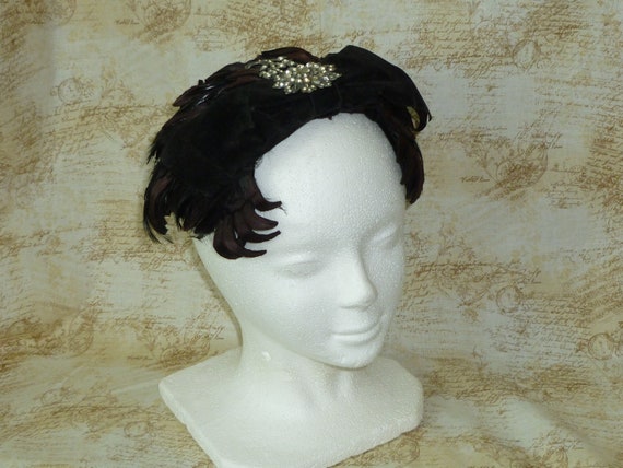 Vintage Black Velvet Feather Hat 1930s 1940s Hat … - image 7