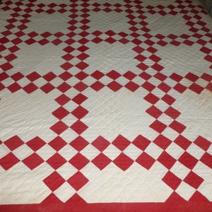 Antique Quilt Circa 1900s Double IRISH CHAIN Primitive Vintage White & Red Densely Lavishly Hand Quilted
